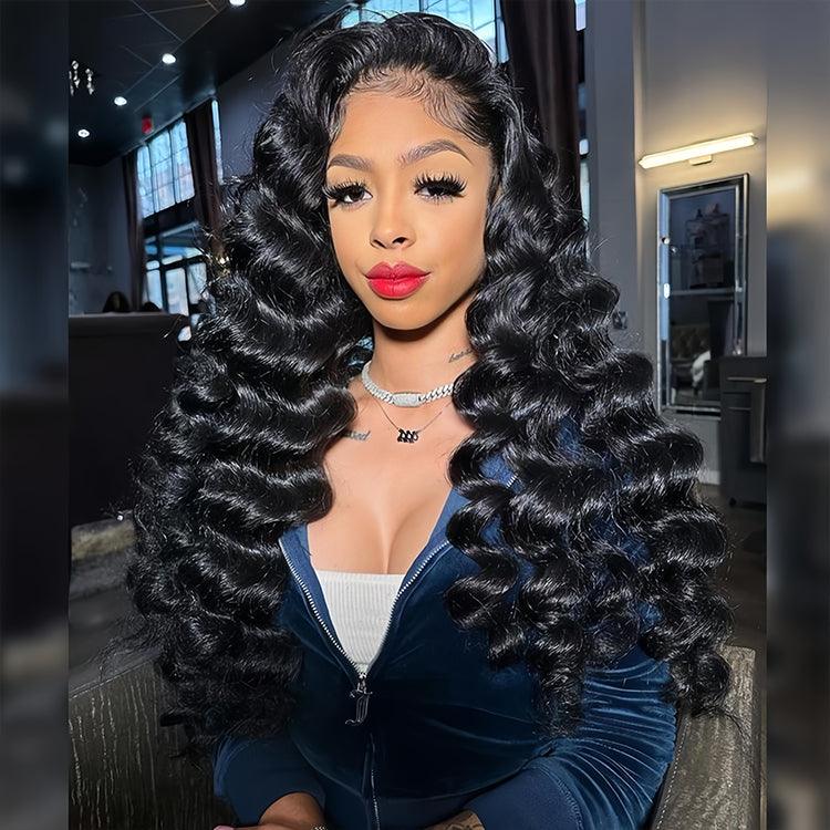 Woman with styled loose deep wave glueless hair in a salon setting